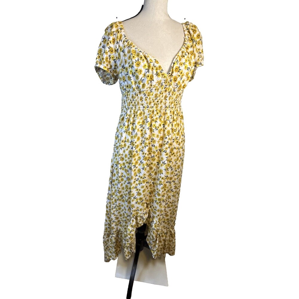 Babydoll Yellow Floral Maxi Dress Smocked Peasant Boho Prairie Asym Sz XL
